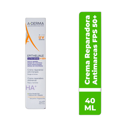 ADERMA Epitheliale A.H Ultra Crema Reparadora Y Protección Antimarcas Spf 50+ 40ml (fondo limpio)