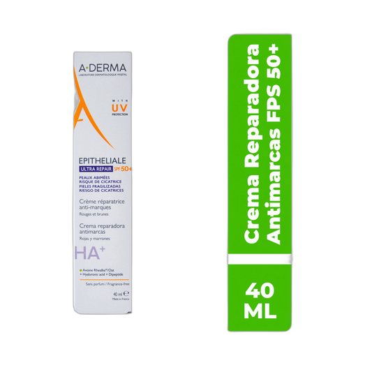 ADERMA Epitheliale A.H Ultra Crema Reparadora Y Protección Antimarcas Spf 50+ 40ml (fondo limpio)