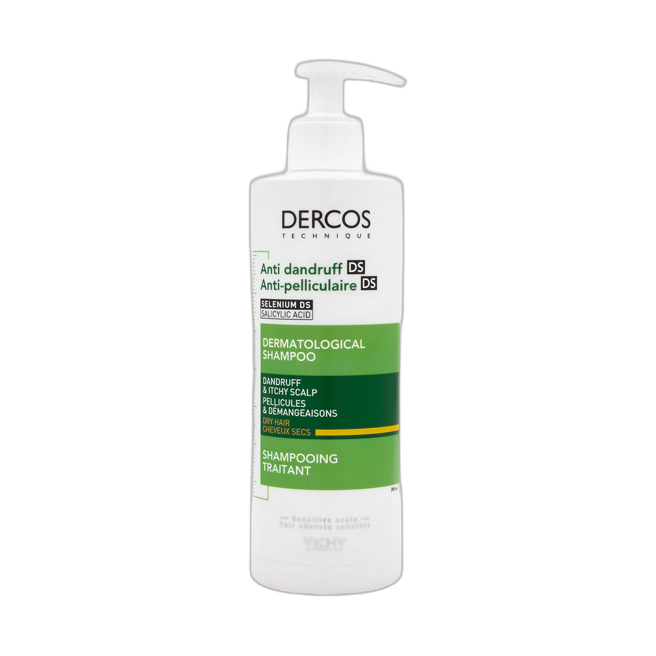 VICHY Dercos shampoo anticaspa para cabello seco 390ml (fondo limpio)