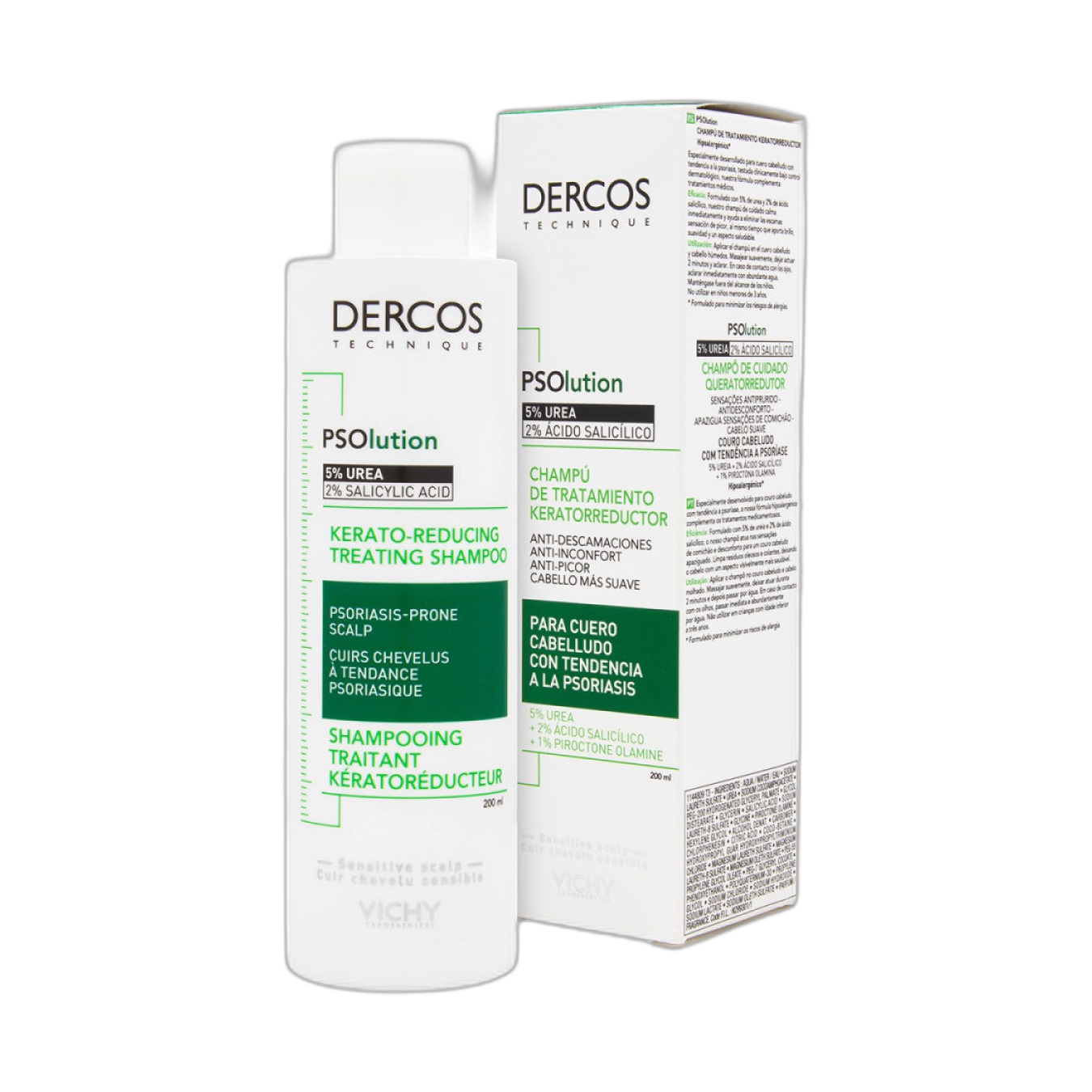 VICHY Dercos Psolution Shampoo de tratamiento keratorreductor 200ml (fondo limpio)
